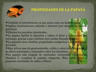 Combate el estre ñ imiento ya que act ú a como un laxante suave. Agiliza cicatrizaciones externas e internas (por ejemplo las  ú lceras g á stricas) Elimina los par á sitos intestinales. La papaya facilita la digesti ó n y calma el dolor e inflamaci ó n del est ó mago, gracias a que contiene una enzima llamada Papa í na.  La papa í na tiene tambi é n propiedades analg é sicas o sea calmantes del dolor. Muy  ú til en caso de gastroenteritis, colitis y colon irritable gracias a su efecto suavizante y antis é ptico sobre los intestinos. La papaya est á  cargada de nutrientes, incluyendo vitamina A, vitamina C, complejo B, potasio, magnesio, fibra,  á cido f ó lico y peque ñ as cantidades de calcio y Hierro. PROPIEDADES DE LA PAPAYA 