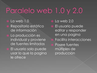 Paralelo web 1.0 y 2.0La web 1.0Repositorio estático de información La producción es individual y proviene de fuentes limitadasEl usuario solo puede usar lo que la pagina le ofrece La web 2.0El usuario puede editar y responder en una paginaFacilita interacciones Posee fuentes múltiples de producción 