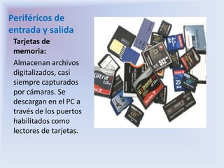 Periféricos de entrada y salidaTarjetas de memoria:Almacenan archivos digitalizados, casi siempre capturados por cámaras. Se descargan en el PC a través de los puertos habilitados como lectores de tarjetas. 