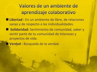  Libertad : En un ambiente de libre, de relaciones
  sanas y de respecto a las individualidades.
 Solidaridad: Sentimiento de comunidad, saber y
  sentir parte de tu comunidad de intereses y
  proyectos de vida.
 Verdad : Búsqueda de la verdad.
 