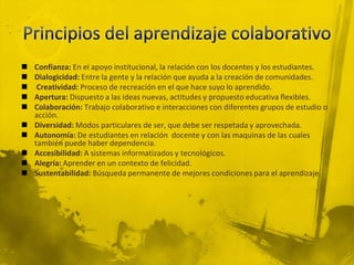    Confianza: En el apoyo institucional, la relación con los docentes y los estudiantes.
   Dialogicidad: Entre la gente y la relación que ayuda a la creación de comunidades.
    Creatividad: Proceso de recreación en el que hace suyo lo aprendido.
   Apertura: Dispuesto a las ideas nuevas, actitudes y propuesto educativa flexibles.
   Colaboración: Trabajo colaborativo e interacciones con diferentes grupos de estudio o
    acción.
   Diversidad: Modos particulares de ser, que debe ser respetada y aprovechada.
   Autonomía: De estudiantes en relación docente y con las maquinas de las cuales
    también puede haber dependencia.
   Accesibilidad: A sistemas informatizados y tecnológicos.
   Alegría: Aprender en un contexto de felicidad.
   Sustentabilidad: Búsqueda permanente de mejores condiciones para el aprendizaje.
 