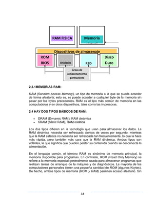 RAM FISICA                Memoria
                                           virtual
                  Dispositivos de almacenaje
        ROM                                            Disco
        BIOS          Unidades            RED          Duro
                     Removibles
                               Áreas de Internet
                           almacenamiento
                             permanente


2.3.1MEMORIAS RAM:

RAM (Random Access Memory), un tipo de memoria a la que se puede acceder
de forma aleatoria; esto es, se puede acceder a cualquier byte de la memoria sin
pasar por los bytes precedentes. RAM es el tipo más común de memoria en las
computadoras y en otros dispositivos, tales como las impresoras.

2.4 HAY DOS TIPOS BÁSICOS DE RAM:

      DRAM (Dynamic RAM), RAM dinámica
      SRAM (Static RAM), RAM estática

Los dos tipos difieren en la tecnología que usan para almacenar los datos. La
RAM dinámica necesita ser refrescada cientos de veces por segundo, mientras
que la RAM estática no necesita ser refrescada tan frecuentemente, lo que la hace
más rápida, pero también más cara que la RAM dinámica. Ambos tipos son
volátiles, lo que significa que pueden perder su contenido cuando se desconecta la
alimentación.

En el lenguaje común, el término RAM es sinónimo de memoria principal, la
memoria disponible para programas. En contraste, ROM (Read Only Memory) se
refiere a la memoria especial generalmente usada para almacenar programas que
realizan tareas de arranque de la máquina y de diagnósticos. La mayoría de los
computadores personales tienen una pequeña cantidad de ROM (algunos Kbytes).
De hecho, ambos tipos de memoria (ROM y RAM) permiten acceso aleatorio. Sin




                                     33
 