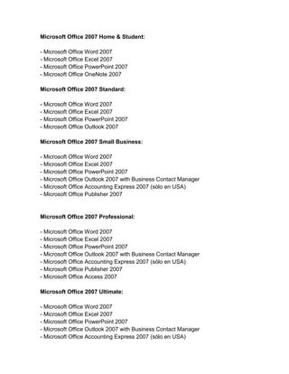 Microsoft Office 2007 Home & Student:

- Microsoft Office Word 2007
- Microsoft Office Excel 2007
- Microsoft Office PowerPoint 2007
- Microsoft Office OneNote 2007

Microsoft Office 2007 Standard:

- Microsoft Office Word 2007
- Microsoft Office Excel 2007
- Microsoft Office PowerPoint 2007
- Microsoft Office Outlook 2007

Microsoft Office 2007 Small Business:

- Microsoft Office Word 2007
- Microsoft Office Excel 2007
- Microsoft Office PowerPoint 2007
- Microsoft Office Outlook 2007 with Business Contact Manager
- Microsoft Office Accounting Express 2007 (sólo en USA)
- Microsoft Office Publisher 2007


Microsoft Office 2007 Professional:

- Microsoft Office Word 2007
- Microsoft Office Excel 2007
- Microsoft Office PowerPoint 2007
- Microsoft Office Outlook 2007 with Business Contact Manager
- Microsoft Office Accounting Express 2007 (sólo en USA)
- Microsoft Office Publisher 2007
- Microsoft Office Access 2007

Microsoft Office 2007 Ultimate:

- Microsoft Office Word 2007
- Microsoft Office Excel 2007
- Microsoft Office PowerPoint 2007
- Microsoft Office Outlook 2007 with Business Contact Manager
- Microsoft Office Accounting Express 2007 (sólo en USA)
 