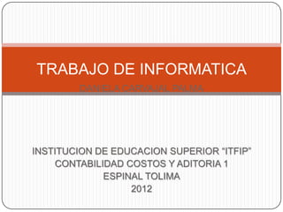 TRABAJO DE INFORMATICA
        DANIELA CARVAJAL PALMA




INSTITUCION DE EDUCACION SUPERIOR “ITFIP”
    CONTABILIDAD COSTOS Y ADITORIA 1
             ESPINAL TOLIMA
                  2012
 