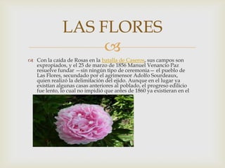 LAS FLORES
                   
 Con la caída de Rosas en la batalla de Caseros, sus campos son
  expropiados, y el 25 de marzo de 1856 Manuel Venancio Paz
  resuelve fundar —sin ningún tipo de ceremonia— el pueblo de
  Las Flores, secundado por el agrimensor Adolfo Sourdeaux,
  quien realizó la delimitación del ejido. Aunque en el lugar ya
  existían algunas casas anteriores al poblado, el progreso edilicio
  fue lento, lo cual no impidió que antes de 1860 ya existieran en el
 