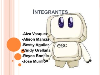 INTEGRANTES


-Aiza Vasquez.
-Alison Mancia
-Bessy Aguilar
-Cindy Orellana
-Reyna Bonilla
-Jose Murillo
 