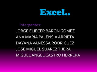 Excel..
  integrantes:
JORGE ELIECER BARON GOMEZ
ANA MARIA PALENSIA ARRIETA
DAYANA VANESSA RODRIGUEZ
JOSE MIGUEL SUAREZ TIJERA
MIGUEL ANGEL CASTRO HERRERA
 