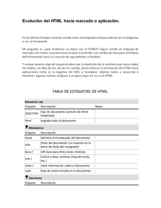 Evolución del HTML hacia marcado o aplicación.
En los últimos tiempos estamos viendo como elnavegador estápasando de serun programa
a ser un framework.
Mi pregunta es, ¿qué tendencia se marca con el HTML5? Seguir siendo un lenguaje de
marcado con ciertas características visuales osetiende a un cambio de basepara orientarlo
definitivamente hacia la creación de app potentes y flexibles.
Y aunque parezca algo de respuesta obvia por la repetición de la cantinela que hacen todos
los medios, no dejo de ver, de vez en cuando, pasos atrás en la orientación del HTML hacia
aplicaciones como es la negativa del W3C a incorporar objetos reales a Javascript o
mantener algunas normas antiguas y un poco viejas en css o en HTML.
TABLA DE ESTIQUETAS DE HTML.
Elemento raíz
Etiqueta Descripción Notas
!DOCTYPE
tipo de documento (versión de xhtml
empleada)
Html engloba todo el documento
Metadatos
Etiqueta Descripción
Head delimita el encabezado del documento
title
título del documento (se muestra en la
barra de título del navegador)
base / URI base para direcciones relativas
link /
Enlace a otros archivos (hoja de estilo,
etc.)
meta / meta información sobre el documento
style hoja de estilo incluida en el documento
Secciones
Etiqueta Descripción
 