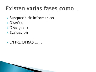 Busqueda de informacion
 Diseños
 Divulgacio
 Evaluacion
 ENTRE OTRAS…….
 