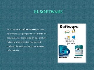 Es un término informático que hace
referencia a un programa o conjunto de
programas de computación que incluye
datos, procedimientos que permite
realizar distintas tareas en un sistema
informático.
 