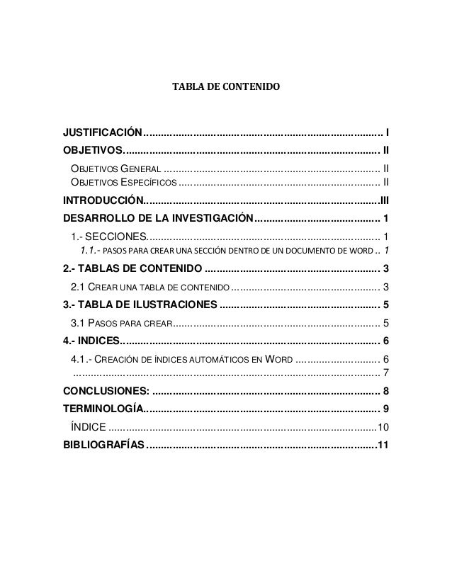 Secciones,Tablas de Contenido,Tablas de Ilustarción,Indice en word