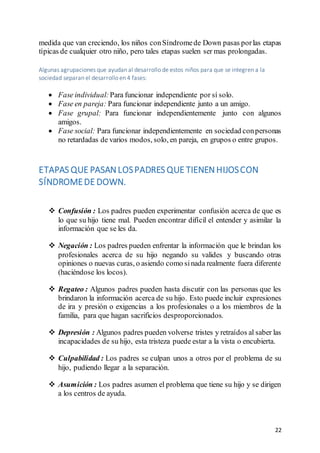 22
medida que van creciendo, los niños conSíndromede Down pasas porlas etapas
típicas de cualquier otro niño, pero tales etapas suelen ser mas prolongadas.
Algunas agrupaciones que ayudan al desarrollo de estos niños para que se integren a la
sociedad separan el desarrollo en 4 fases:
 Fase individual:Para funcionar independiente por sí solo.
 Fase en pareja: Para funcionar independiente junto a un amigo.
 Fase grupal: Para funcionar independientemente junto con algunos
amigos.
 Fase social: Para funcionar independientemente en sociedad conpersonas
no retardadas de varios modos, solo, en pareja, en grupos o entre grupos.
ETAPAS QUE PASAN LOSPADRES QUE TIENEN HIJOSCON
SÍNDROMEDE DOWN.
 Confusión : Los padres pueden experimentar confusión acerca de que es
lo que su hijo tiene mal. Pueden encontrar difícil el entender y asimilar la
información que se les da.
 Negación : Los padres pueden enfrentar la información que le brindan los
profesionales acerca de su hijo negando su valides y buscando otras
opiniones o nuevas curas, o asiendo como sinada realmente fuera diferente
(haciéndose los locos).
 Regateo : Algunos padres pueden hasta discutir con las personas que les
brindaron la información acerca de su hijo. Esto puede incluir expresiones
de ira y presión o exigencias a los profesionales o a los miembros de la
familia, para que hagan sacrificios desproporcionados.
 Depresión : Algunos padres pueden volverse tristes y retraídos al saber las
incapacidades de su hijo, esta tristeza puede estar a la vista o encubierta.
 Culpabilidad : Los padres se culpan unos a otros por el problema de su
hijo, pudiendo llegar a la separación.
 Asumición : Los padres asumen el problema que tiene su hijo y se dirigen
a los centros de ayuda.
 