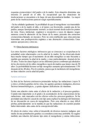 7
esquema cromosómico ) del padre o de la madre. Esta situación determina una
trisomía 21 parcial en el niño. Es excepcional que las situaciones de
traslocaciones se encuentren a lo largo de una descendencia familiar. La mayor
parte de las traslocaciones parecen surgir esporádicamente.
- Se ha señalado igualmente la posibilidad de que el mongolismo sea transmitido
del padre o de la madre al niño, o al menos sea favorecido, cuando una de los
padres, aunque fenotípicamente normal ( es decir normal desde todos los puntos
de vista: físico, intelectual, orgánico) a excepción a veces de algunos rasgos
menores como la alteración de las líneas de la mano, presenta una estructura
cromosómica llamada en mosaico. Pero no está establecido que otras personas
transmitan una predisposición orgánica a una aberración cromosómica. Unos
autores apoyan esto y otros no.
b) Otros factores intrínsecos
Los otros factores etiológicos intrínsecos que se conocen o se sospechan en la
actualidad están relacionados con la edad de la madre. Se ha observado desde
hace mucho tiempo que el nacimiento de un niño mongólico es más frecuente a
medida que aumenta la edad de la madre, y muy particularmente después de los
35 años. Todos los datos lógicos en los diferentes países confirman que alrededor
de los dos tercios de los niños mongólicos nacen de madres que tienen mas de 30
años. La probabilidad detener un hijo mongólico aumenta aproximadamente 1/50
después delos 40 años. Porel contrario, pareceque la incidencia del mongolismo
no tiene relación con la edad del padre.
Factores extrínsecos
La lista de los factores extrínsecos potenciales incluye las radiaciones ( rayos X
y otros ), elefecto genético delos virus, los agentes químicos mutágenos, diversos
factores inmunobiológicos, y quizás algunas deficiencias de vitaminas.
Existe una relación cierta entre el efecto de la radiación y el proceso genético.
Cuando más importante es el grado o la acumulación de las exposiciones de las
radiaciones, más marcados son los efectos sobre los procesos genéticos. Se ha
postulado una relación causal de este tipo para explicar la etiología del fenómeno
de no disyunción en casos de mongolismo. Pero esta relación es muy difícil
probar, particularmente en la medida en que las radiaciones en cuestión pueden
haber intervenido años antes de la concepcióndel niño.
El efecto de ciertos virus sobre el desarrollo de diversos tumores malignos por
medio de una perturbación genética se considera como muy probable. Se sugiere
también una relación del mismo tipo entre el mongolismo y ciertas infecciones
 