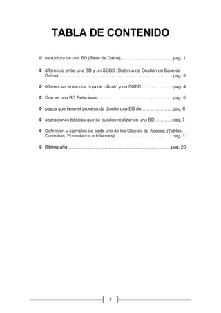 2
TABLA DE CONTENIDO
 estructura de una BD (Base de Datos).……………………………..pag. 1
 diferencia entre una BD y un SGBD (Sistema de Gestión de Base de
Datos)…………………………………………………………………...pag. 3
 diferencias entre una hoja de cálculo y un SGBD………………….pag. 4
 Que es una BD Relacional……………………………………………pag. 5
 pasos que tiene el proceso de diseño una BD de.………………...pag. 6
 operaciones básicas que se pueden realizar en una BD…………pag. 7
 Definición y ejemplos de cada uno de los Objetos de Access; (Tablas,
Consultas, Formularios e Informes)…………………………………pag. 11
 Bibliografía…………………………………………………………….pag. 20
 