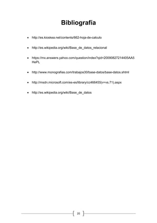 20
Bibliografía
 http://es.kioskea.net/contents/662-hoja-de-calculo
 http://es.wikipedia.org/wiki/Base_de_datos_relacional
 https://mx.answers.yahoo.com/question/index?qid=20090827214405AA5
HePL
 http://www.monografias.com/trabajos30/base-datos/base-datos.shtml
 http://msdn.microsoft.com/es-es/library/cc466455(v=vs.71).aspx
 http://es.wikipedia.org/wiki/Base_de_datos
 
