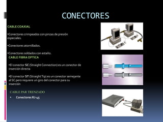 CABLE  FIBRA OPTICACABLE DE FIBRA OPTICASon mucho más ligeros y de menor diámetro. Además, la densidad de información que son capaces de transmitir es mayor.El emisor está formado por un láser que emite un potente rayo de luz, que varía en función de la señal eléctrica que le llega. El receptor está constituido por un fotodiodo, que transforma la luz incidente de nuevo en señales eléctricas.Entre sus características están:Son compactas.Ligeras.Con baja pérdida de señal.Amplia capacidad de transmisión.Alto grado de confiabilidad, ya que son inmunes a las interferencias electromagnéticas.TIPOS DE FIBRA OPTICAFibra multimodal: en este tipo de fibra viajan varios rayos ópticos reflejándose ángulos, que recorren diferentes distancias y se desfasan al viajar dentro de la fibra. Por esta razón, la distancia a la que se puede transmitir esta limitada.Fibra multimodal con índice graduado: en este tipo de fibra óptica el núcleo está hecho de varias capas concéntricas de material óptico con diferentes índices de refracción. En estas fibras el número de rayos ópticos que viajan es menor y sufren menos problemas que las fibras multimodales.Fibra monomodal: esta fibra es la de menor diámetro y solamente permite viajar al rayo óptico central. Es más difícil de construir y manipular. Es también la más costosa pero permite distancias de transmisión mucho mayores.