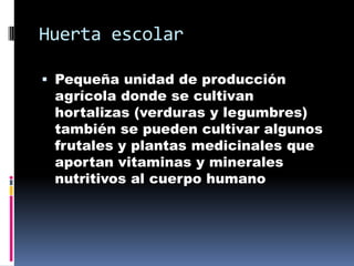 Huerta escolar

 Pequeña unidad de producción
  agrícola donde se cultivan
 hortalizas (verduras y legumbres)
 también se pueden cultivar algunos
 frutales y plantas medicinales que
 aportan vitaminas y minerales
 nutritivos al cuerpo humano
 