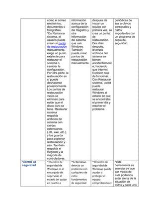 como el correo        información      después de        periódicas de
             electrónico,          acerca de la     iniciar un        sus archivos
             documentos o          configuración    equipo por        personales y
             fotografías.          del Registro y   primera vez, se   datos
             *En Restaurar         otra             crea un punto     importantes con
             sistema, el           información      de                un programa de
             usuario puede         del sistema      restauración.     copia de
             crear un punto        que usa          Dos días          seguridad.
             de restauración       Windows.         después,
             manualmente,          También          diversos
             elegir un punto       puede crear      archivos del
             existente para        puntos de        sistema se
             restaurar el          restauración     borran
             sistema o             manualmente.     accidentalment
             cambiar la                             e, haciendo
             configuración.                         que Internet
             Por otra parte, la                     Explorer deje
             restauración en                        de funcionar.
             sí puede                               Con Restaurar
             deshacerse                             sistema, usted
             posteriormente.                        puede
             Los puntos de                          restaurar
             restauración                           Windows al
             viejos se                              estado en que
             eliminan para                          se encontraba
             evitar que el                          el primer día y
             disco duro se                          resolver el
             llene. Restaurar                       problema.
             sistema
             respalda
             archivos de
             sistema con
             ciertas
             extensiones
             (.dll, .exe, etc.),
             y los guarda
             para posterior
             restauración y
             uso. También
             respalda el
             Registro y la
             mayoría de
             controladores.
*centro de   *El centro de         *Si Windows      *El Centro de     *esta
seguridad    seguridad de          detecta un       seguridad de      herramienta es
             Windows es el         problema con     Windows puede     esencial ya que
             encargado de          cualquiera de    ayudar a          por medio de
             supervisar el         estos            proteger el       esta podemos
             estado del quipo      fundamentos      equipo            estar alerta de la
             en cuanto a           de seguridad     comprobando el    situación de
                                                                      todos y cada uno
 