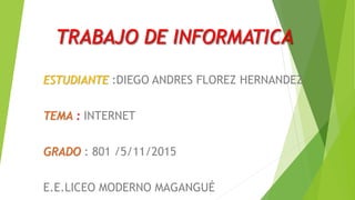 TRABAJO DE INFORMATICA
ESTUDIANTE :DIEGO ANDRES FLOREZ HERNANDEZ
TEMA : INTERNET
GRADO : 801 /5/11/2015
E.E.LICEO MODERNO MAGANGUÉ
 