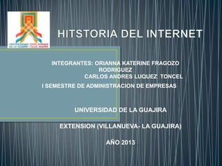 INTEGRANTES: ORIANNA KATERINE FRAGOZO
                RODRIGUEZ
           CARLOS ANDRES LUQUEZ TONCEL
I SEMESTRE DE ADMINISTRACION DE EMPRESAS



         UNIVERSIDAD DE LA GUAJIRA

     EXTENSION (VILLANUEVA- LA GUAJIRA)

                   AÑO 2013
 