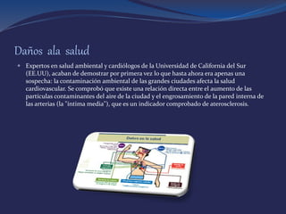 Daños ala salud
 Expertos en salud ambiental y cardiólogos de la Universidad de California del Sur
(EE.UU), acaban de demostrar por primera vez lo que hasta ahora era apenas una
sospecha: la contaminación ambiental de las grandes ciudades afecta la salud
cardiovascular. Se comprobó que existe una relación directa entre el aumento de las
partículas contaminantes del aire de la ciudad y el engrosamiento de la pared interna de
las arterias (la "íntima media"), que es un indicador comprobado de aterosclerosis.
 