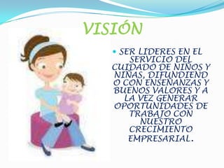 VISIÓNSER LIDERES EN EL SERVICIO DEL CUIDADO DE NIÑOS Y NIÑAS, DIFUNDIENDO CON ENSEÑANZAS Y BUENOS VALORES Y A LA VEZ GENERAR OPORTUNIDADES DE TRABAJO CON NUESTRO CRECIMIENTO EMPRESARIAL. 