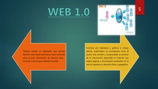 “Sistema basado en hipertexto, que permite
clasificar información de diversos tipos conocido
como la gran información de diversos tipos ,
conocido como la gran telaraña mundial”
Funciona por hipertexto y gráficos e incluye
efectos multimedios, es considerado como el
acceso más sencillo y comprensible al universo
de la información disponible en Internet que
enlaza páginas o documentos localizados en la
red sin importar su ubicación física o geográfica.
5
 