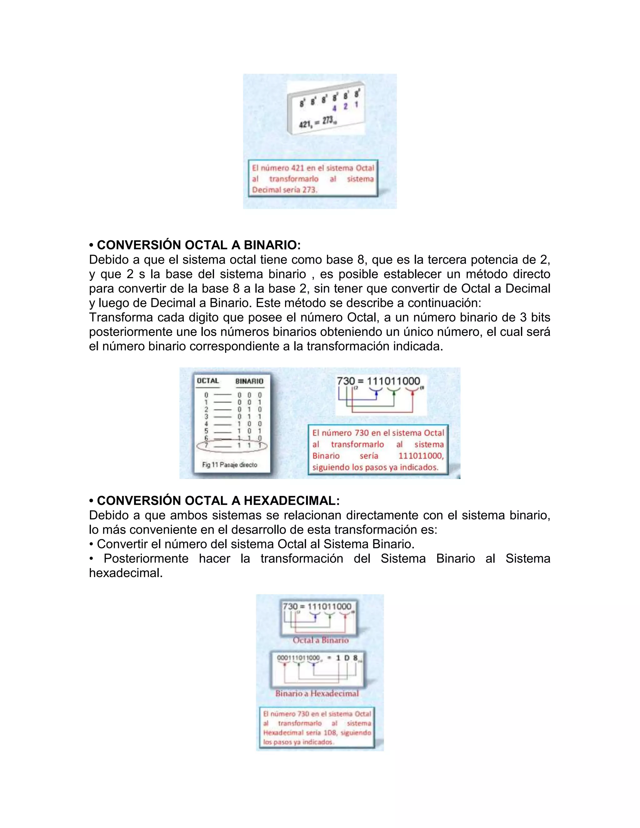 • CONVERSIÓN OCTAL A BINARIO:
Debido a que el sistema octal tiene como base 8, que es la tercera potencia de 2,
y que 2 s la base del sistema binario , es posible establecer un método directo
para convertir de la base 8 a la base 2, sin tener que convertir de Octal a Decimal
y luego de Decimal a Binario. Este método se describe a continuación:
Transforma cada digito que posee el número Octal, a un número binario de 3 bits
posteriormente une los números binarios obteniendo un único número, el cual será
el número binario correspondiente a la transformación indicada.
• CONVERSIÓN OCTAL A HEXADECIMAL:
Debido a que ambos sistemas se relacionan directamente con el sistema binario,
lo más conveniente en el desarrollo de esta transformación es:
• Convertir el número del sistema Octal al Sistema Binario.
• Posteriormente hacer la transformación del Sistema Binario al Sistema
hexadecimal.
 