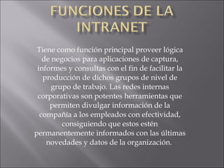Tiene como función principal proveer lógica de negocios para aplicaciones de captura, informes y consultas con el fin de facilitar la producción de dichos grupos de nivel de grupo de trabajo. Las redes internas corporativas son potentes herramientas que permiten divulgar información de la compañía a los empleados con efectividad, consiguiendo que estos estén permanentemente informados con las últimas novedades y datos de la organización.  