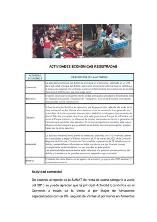 ACTIVIDADES ECONÓMICAS REGISTRADAS
Actividad comercial
De acuerdo al reporte de la SUNAT de renta de cuarta categoría a Junio
del 2010 se puede apreciar que la principal Actividad Económica es el
Comercio a través de la Venta al por Mayor de Almacenes
especializados con un 9%, seguido de Ventas al por menor en Alimentos
 