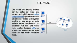Una red de área amplia, o WAN,
por las siglas de (wide area
network en inglés), es una red de
computadoras que abarca varias
ubicaciones físicas, proveyendo
servicio a una zona, un país,
incluso varios continentes. Es
cualquier red que une varias
redes locales, llamadas LAN, por
lo que sus miembros no están
todos en una misma ubicación
física.
RED WAN
 