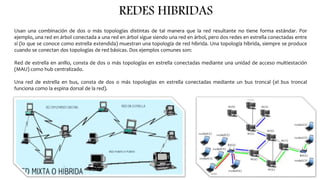 REDES HIBRIDAS
Usan una combinación de dos o más topologías distintas de tal manera que la red resultante no tiene forma estándar. Por
ejemplo, una red en árbol conectada a una red en árbol sigue siendo una red en árbol, pero dos redes en estrella conectadas entre
sí (lo que se conoce como estrella extendida) muestran una topología de red híbrida. Una topología híbrida, siempre se produce
cuando se conectan dos topologías de red básicas. Dos ejemplos comunes son:
Red de estrella en anillo, consta de dos o más topologías en estrella conectadas mediante una unidad de acceso multiestación
(MAU) como hub centralizado.
Una red de estrella en bus, consta de dos o más topologías en estrella conectadas mediante un bus troncal (el bus troncal
funciona como la espina dorsal de la red).
 