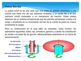 Poleas Móviles
La polea móvil no es otra cosa que una polea de gancho conectada a una
cuerda que tiene uno de sus extremos anclados a un punto fijo y el otro
(extremo móvil) conectado a un mecanismo de tracción. Estas poleas
disponen de un sistema armadura-eje que les permite permanecer unidas a la
carga y arrastrarla en su movimiento (al tirar de la cuerda la polea se mueve
arrastrando la carga).
Para su construcción en el aula taller se necesitan, como mínimo, los
operadores siguientes: polea, eje, armadura, gancho y cuerda. Su constitución
es similar a la polea fija de gancho, diferenciándose solamente en su forma de
funcionamiento.
 