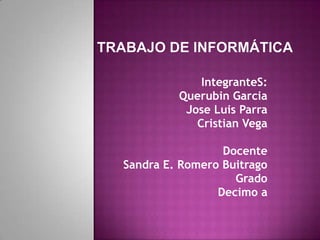 Trabajo De Informática IntegranteS: QuerubinGarcia Jose Luis Parra Cristian Vega Docente  Sandra E. Romero Buitrago  Grado Decimo a 