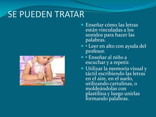 SE PUEDEN TRATAR
 Enseñar cómo las letras

están vinculadas a los
sonidos para hacer las
palabras.
 • Leer en alto con ayuda del
profesor.
 • Enseñar al niño a
escuchar y a repetir.
 Utilizar la memoria visual y
táctil escribiendo las letras
en el aire, en el suelo,
utilizando cartulinas, o
moldeándolas con
plastilina y luego unirlas
formando palabras.

 