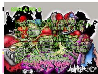 REGLA No. 2

 En la vida real la mayoría de las
  personas obedecen la ley, ya sea por
  voluntad propia o por miedo a ser
 descubiertos.
 En el ciberespacio las posibilidades
 de ser descubierto parecen remotas.
 Y posiblemente porque la gente a
 veces olvida que hay un ser humano
 al otro lado del computador, creen
 que estándares éticos o de
 comportamiento bajos, son
 aceptables.
 