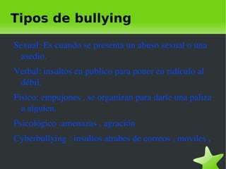 Tipos de bullying

    Sexual: Es cuando se presenta un abuso sexual o una 
      asedio.
    Verbal: insultos en publico para poner en ridículo al 
     débil.
    Fisico: empujones , se organizan para darle una paliza 
      a alguien.
    Psicológico :amenazas , agración
    Cyberbullying : insultos atrabes de correos , moviles , 

                                
 
