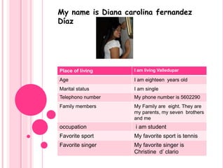 My name is Diana carolina fernandez 
Díaz 
Place of living I am living Valledupar 
Age I am eighteen years old 
Marital status I am single 
Telephono number My phone number is 5602290 
Family members My Family are eight. They are 
my parents, my seven brothers 
and me 
occupation i am student 
Favorite sport My favorite sport is tennis 
Favorite singer My favorite singer is 
Christine d’ clario 
 