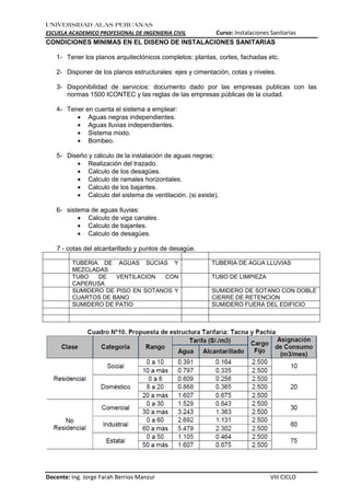 UNIVERSIDAD ALAS PERUANAS
ESCUELA ACADEMICO PROFESIONAL DE INGENIERIA CIVIL Curso: Instalaciones Sanitarias
Docente: Ing. Jorge Farah Berrios Manzur VIII CICLO
CONDICIONES MINIMAS EN EL DISENO DE INSTALACIONES SANITARIAS
1- Tener los planos arquitectónicos completos: plantas, cortes, fachadas etc.
2- Disponer de los planos estructurales: ejes y cimentación, cotas y niveles.
3- Disponibilidad de servicios: documento dado por las empresas publicas con las
normas 1500 ICONTEC y las reglas de las empresas públicas de la ciudad.
4- Tener en cuenta el sistema a emplear:
Aguas negras independientes.
Aguas lluvias independientes.
Sistema mixto.
Bombeo.
5- Diseño y cálculo de la instalación de aguas negras:
Realización del trazado.
Calculo de los desagües.
Calculo de ramales horizontales.
Calculo de los bajantes.
Calculo del sistema de ventilación. (si existe).
6- sistema de aguas lluvias:
Calculo de viga canales.
Calculo de bajantes.
Calculo de desagües.
7 - cotas del alcantarillado y puntos de desagüe.
TUBERIA DE AGUAS SUCIAS Y
MEZCLADAS
TUBERIA DE AGUA LLUVIAS
TUBO DE VENTILACION CON
CAPERUSA
TUBO DE LIMPIEZA
SUMIDERO DE PISO EN SOTANOS Y
CUARTOS DE BANO
SUMIDERO DE SOTANO CON DOBLE
CIERRE DE RETENCION
SUMIDERO DE PATIO SUMIDERO FUERA DEL EDIFICIO
 
