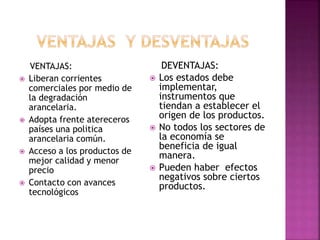 VENTAJAS:
 Liberan corrientes
comerciales por medio de
la degradación
arancelaria.
 Adopta frente atereceros
países una politica
arancelaria común.
 Acceso a los productos de
mejor calidad y menor
precio
 Contacto con avances
tecnológicos
DEVENTAJAS:
 Los estados debe
implementar,
instrumentos que
tiendan a establecer el
origen de los productos.
 No todos los sectores de
la economía se
beneficia de igual
manera.
 Pueden haber efectos
negativos sobre ciertos
productos.
 