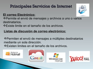 Principales Servicios de Internet El correo Electrónico: Permite el envió de mensajes y archivos a uno o varios destinatarios. Existe limite en el tamaño de los archivos. Listas de discusión de correo electrónico: Permiten el envió de mensajes a múltiples destinatarios mediante un sola dirección. Existen limites en el tamaño de los archivos. 