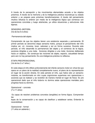 A través de la percepción y los movimientos elementales accede a los objetos
próximos. A través de la memoria y de la inteligencia práctica reconstruye su estado
anterior y se prepara para próximas transformaciones. A través del pensamiento
intuitivo refuerza lo anterior por medio de la inteligencia lógica que comienza con
operaciones concretas y luego abstractas, ya utiliza situaciones y estructuras más
lejanas.
SENSORIO- MOTORA
(Va de los 0-2 años)
Permanencia del objeto:
Comprensión de que los objetos tienen una existencia separada y permanente, El
primer período se denomina etapa sensoria motriz, porque el pensamiento del niño
implica ver, oír, moverse, tocar, saborear y así en forma sucesiva. Durante este
período, el niño desarrolla la permanencia del objeto y el comienzo de la lógica,
acciones dirigidas a una meta. Acciones dirigidas a una meta: Acciones deliberada
hacia un objetivo,. Se construye las nociones de objeto, espacio, casualidad tiempo
pero aún no hay pensamiento. Es una inteligencia práctica no reflexiva.
ETAPA PREOPERACIONAL
(Va de los 2 a 7 años )
En esta etapa el niño difiere profundamente del infante sensorio motor en virtud de que
opera en un plano de la realidad completamente nuevo, el plano de la representación
en lugar de la acción directa. En este periodo el niño, que había sido un sensoriomotores, es transformado en otro cuyas cogniciones superiores son operaciones o
acciones que se realizan y se revierten de manera mental en lugar de física: Es pre
operacional dado que el niño todavía no domina estas operaciones mentales pero
progresa hacia su dominio.
Operacional - concreta
(7 a 11 años)
Es capaz de resolver problemas concretos (tangibles) en forma lógica. Comprender
las
leyes de la conservación y es capaz de clasificar y establecer series. Entiende la
reversibilidad.
Operacional - formal
(11 años en adelante )

 