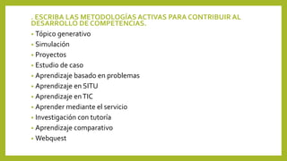 . ESCRIBA LAS METODOLOGÍAS ACTIVAS PARA CONTRIBUIR AL
DESARROLLO DE COMPETENCIAS.
• Tópico generativo
• Simulación
• Proyectos
• Estudio de caso
• Aprendizaje basado en problemas
• Aprendizaje en SITU
• Aprendizaje enTIC
• Aprender mediante el servicio
• Investigación con tutoría
• Aprendizaje comparativo
• Webquest
 