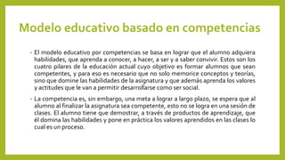 Modelo educativo basado en competencias
• El modelo educativo por competencias se basa en lograr que el alumno adquiera
habilidades, que aprenda a conocer, a hacer, a ser y a saber convivir. Estos son los
cuatro pilares de la educación actual cuyo objetivo es formar alumnos que sean
competentes, y para eso es necesario que no solo memorice conceptos y teorías,
sino que domine las habilidades de la asignatura y que además aprenda los valores
y actitudes que le van a permitir desarrollarse como ser social.
• La competencia es, sin embargo, una meta a lograr a largo plazo, se espera que al
alumno al finalizar la asignatura sea competente, esto no se logra en una sesión de
clases. El alumno tiene que demostrar, a través de productos de aprendizaje, que
él domina las habilidades y pone en práctica los valores aprendidos en las clases lo
cual es un proceso.
 