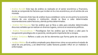 • Análisis Bursátil Este tipo de análisis es realizado en el sector económico y financiero,
donde se comprende los factores que inciden en la crisis económica y en el cambio de una
moneda.
• Análisis Financiero Este tipo de análisis busca establecer como se encuentra la economía
interna de una empresa o institución, donde se lleva a cabo determinadas
recomendaciones sobre facturas y demás puntos determinados.
• Análisis Del Discurso Son los análisis que se lleva a cabo para estudiar determinados
discursos verbales que se realizan en diversos lugares, como es en escenarios políticos.
• Análisis Psicoanalíticos Y Psicológicos Son los análisis que se llevan a cabo para la
recuperación psicológica de un paciente, siendo parte importante de su terapia.
• Análisis Sintáctico Refiere a cada uno de los elementos que forma parte de una oración
verbal.
• Análisis Médico Es el análisis empleado para determinar cómo se encuentra el estado de
salud de una persona, y así determinar cuáles factores pueden influir en un malestar o
enfermedad.
 