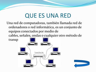 QUE ES UNA RED
Una red de computadoras, también llamada red de
 ordenadores o red informática, es un conjunto de
 equipos conectados por medio de
 cables, señales, ondas o cualquier otro método de
 transporte de datos.
 