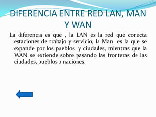 DIFERENCIA ENTRE RED LAN, MAN
            Y WAN
La diferencia es que , la LAN es la red que conecta
  estaciones de trabajo y servicio, la Man es la que se
  expande por los pueblos y ciudades, mientras que la
  WAN se extiende sobre pasando las fronteras de las
  ciudades, pueblos o naciones.
 
