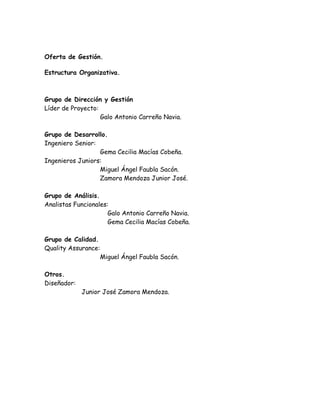 Oferta de Gestión.
Estructura Organizativa.
Grupo de Dirección y Gestión
Líder de Proyecto:
Galo Antonio Carreño Navia.
Grupo de Desarrollo.
Ingeniero Senior:
Gema Cecilia Macías Cobeña.
Ingenieros Juniors:
Miguel Ángel Faubla Sacón.
Zamora Mendoza Junior José.
Grupo de Análisis.
Analistas Funcionales:
Galo Antonio Carreño Navia.
Gema Cecilia Macías Cobeña.
Grupo de Calidad.
Quality Assurance:
Miguel Ángel Faubla Sacón.
Otros.
Diseñador:
Junior José Zamora Mendoza.
 