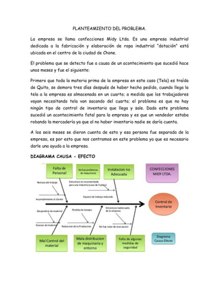 PLANTEAMIENTO DEL PROBLEMA.
La empresa se llama confecciones Midy Ltda. Es una empresa industrial
dedicada a la fabricación y elaboración de ropa industrial “dotación” está
ubicada en el centro de la ciudad de Chone.
El problema que se detecto fue a causa de un acontecimiento que sucedió hace
unos meses y fue el siguiente:
Primero que toda la materia prima de la empresa en este caso (Tela) es traída
de Quito, se demora tres días después de haber hecho pedido, cuando llega la
tela a la empresa es almacenada en un cuarto; a medida que los trabajadores
vayan necesitando tela van sacando del cuarto; el problema es que no hay
ningún tipo de control de inventario que llega y sale. Dado este problema
sucedió un acontecimiento fatal para la empresa y es que un vendedor estaba
robando la mercadería ya que al no haber inventario nadie se daría cuenta.
A los seis meses se dieron cuenta de esto y esa persona fue separada de la
empresa, es por esto que nos centramos en este problema ya que es necesario
darle una ayuda a la empresa.
DIAGRAMA CAUSA - EFECTO
 