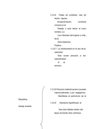 1.3.2.6 Faltas de probidad, vías de
hecho, injurias,
Insubordinación, conducta
inmoral en el
Trabajo o acto lesivo al buen
nombre o a
Los intereses del órgano o ente,
de la
Administración
Pública.
1.3.2.7 La arbitrariedad en el uso de la
autoridad
Que cause perjuicio a los
subordinados
O al
servicio.
1.3.2.8 Perjuicio material severo causado
intencionalmente o por negligencia
Manifiesta al patrimonio de la
República.
1.3.2.9 Abandono Injustificado al
trabajo durante
Tres días hábiles dentro del
lapso de treinta días continuos.
 